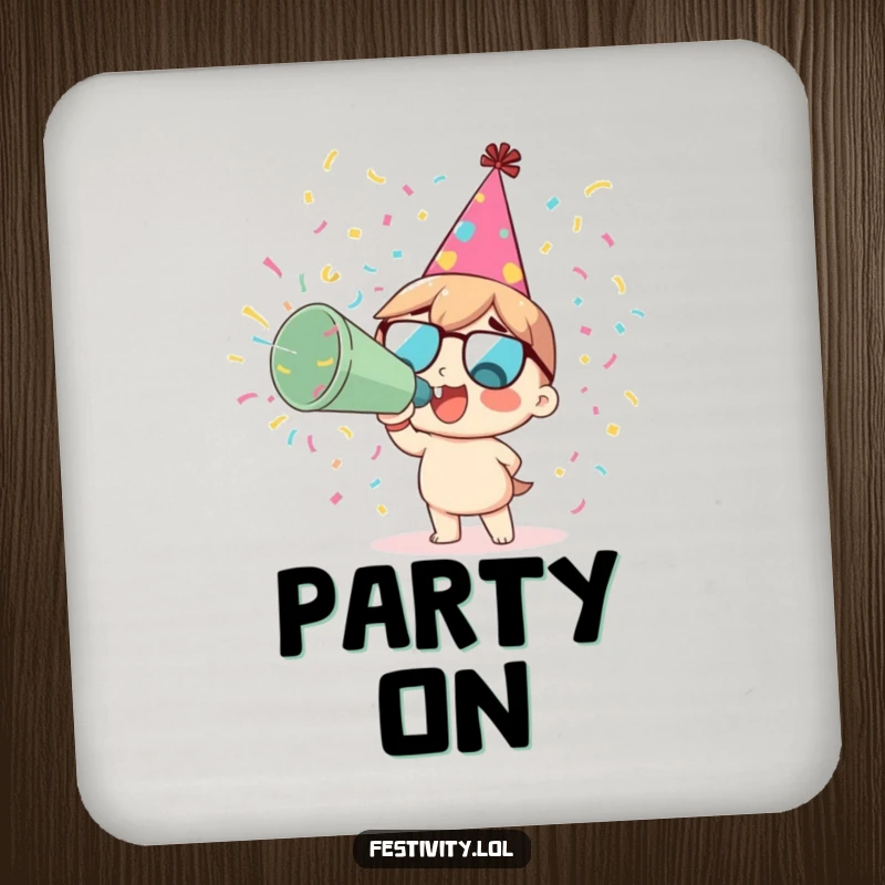 Funny delighted character blowing a giant confetti cannon on a festive drink coaster.