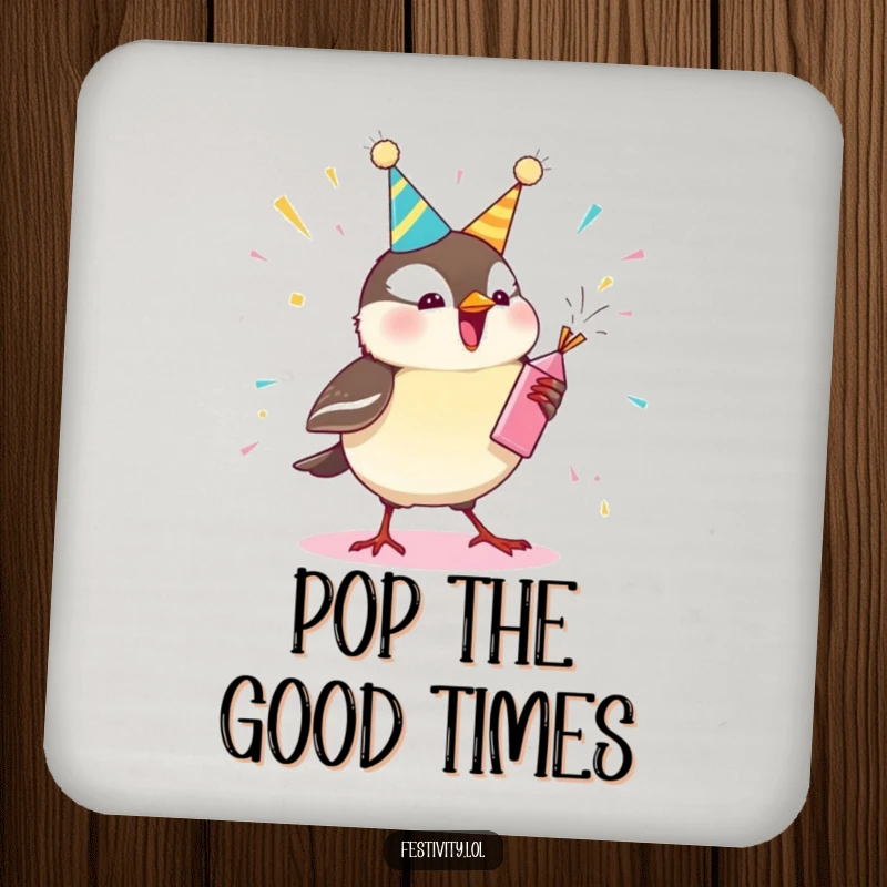 Funny chickadee drink coaster showing a bird celebrating with a party popper, protecting tables from spills and adding a humorous touch.