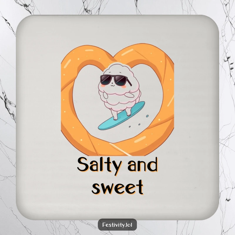 Funny cloud wearing sunglasses surfing on a giant pretzel, printed on a drink coaster to add humor to any surface.