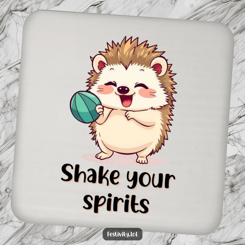 Funny hedgehog shaking a maraca with focused delight, printed on a drink coaster to add festive flair and protect surfaces.