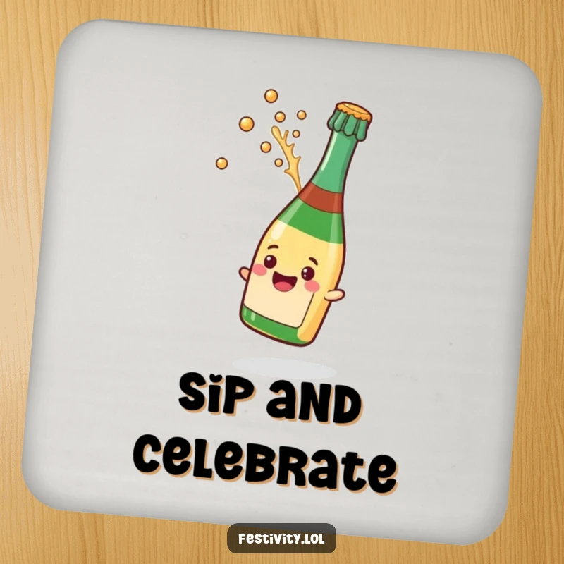 Funny drink coasters featuring a champagne bottle popping its cork with a splash, protecting surfaces with style.