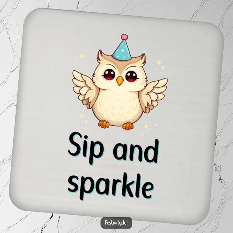 Funny owl drink coaster featuring a joyful owl in a party hat spilling glitter, a humorous and protective addition to any table.