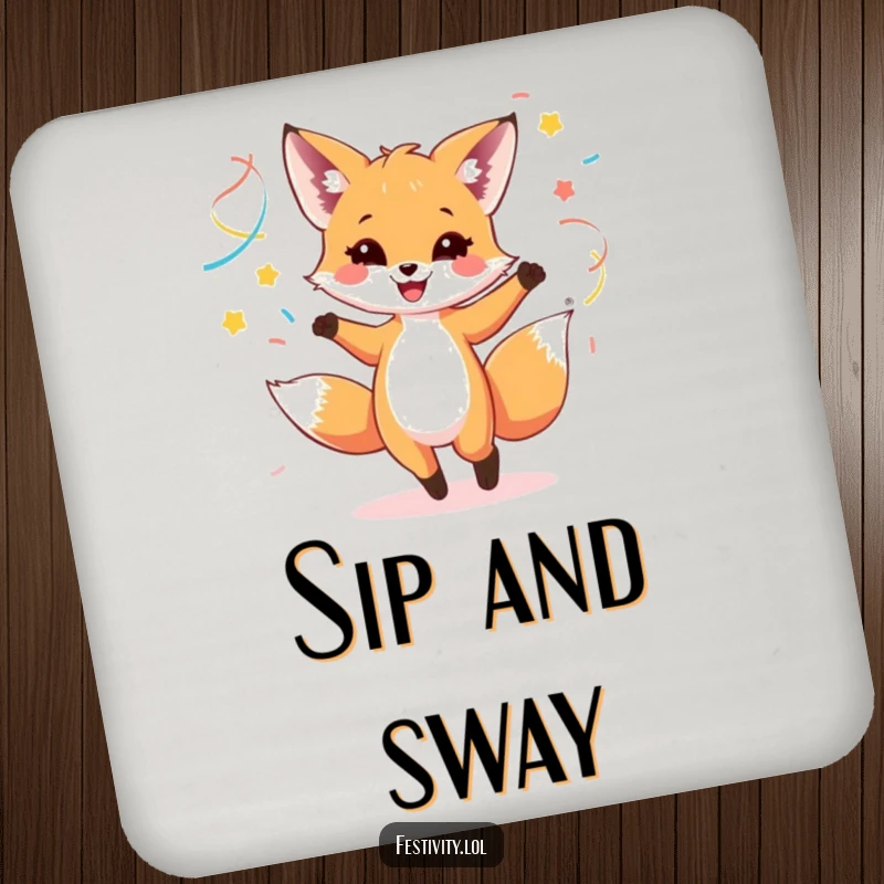 Funny drink coasters featuring a happy fox cub dancing with colorful streamers, perfect for party tables.