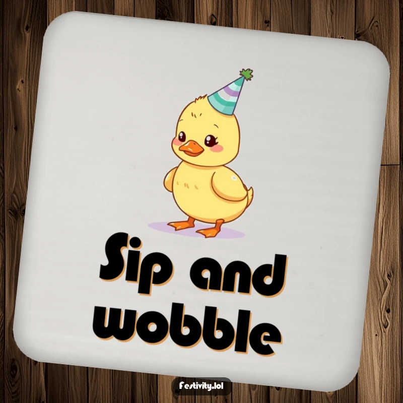 Funny drink coaster with a wobbly duckling trying to balance a cake with candles, adding birthday humor.