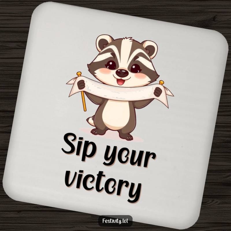 Funny Badger Coaster: A triumphant badger holds a banner with a proud expression, adding humorous protection to your surfaces.