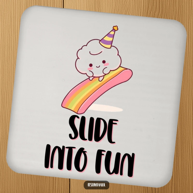 Funny Cloud Party Coaster: A coaster featuring a fluffy cloud comically tripping over a rainbow slide, protecting furniture with whimsical humor.