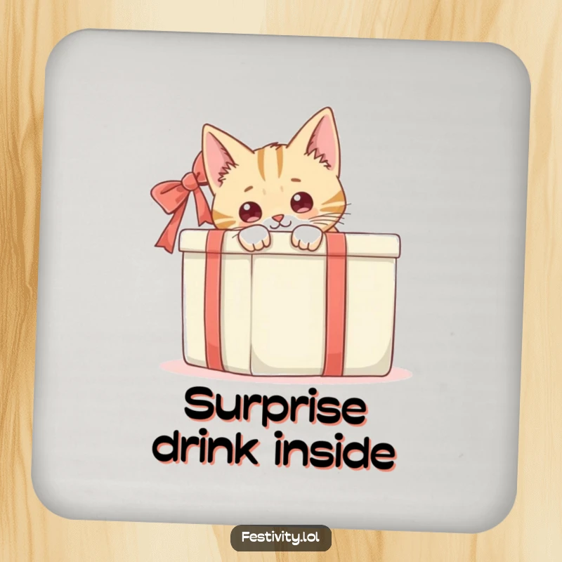 Funny cat peeking from behind a large gift box, a humorous design for drink coasters that adds playful character.