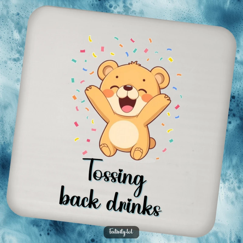 Funny Bear Cub Coasters protect surfaces with a design of a happy cub scattering confetti, adding humor to gatherings.
