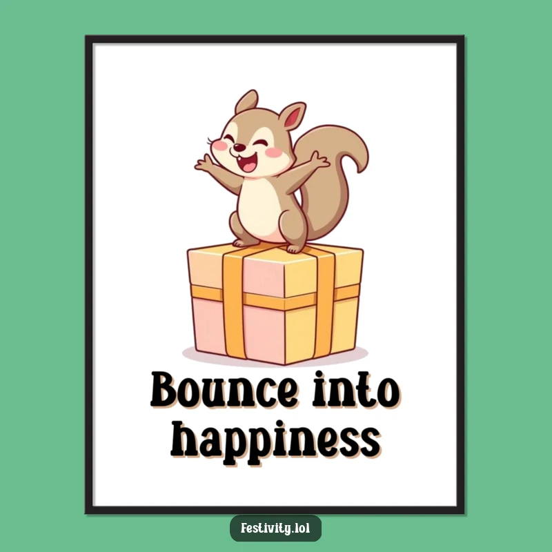 Funny Squirrel Art Print: Delighted Rodent Bouncing on Giant Present for Wall Joy