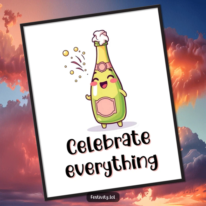 Funny cheerful champagne bottle character spraying bubbly foam on a celebratory, vibrant poster.