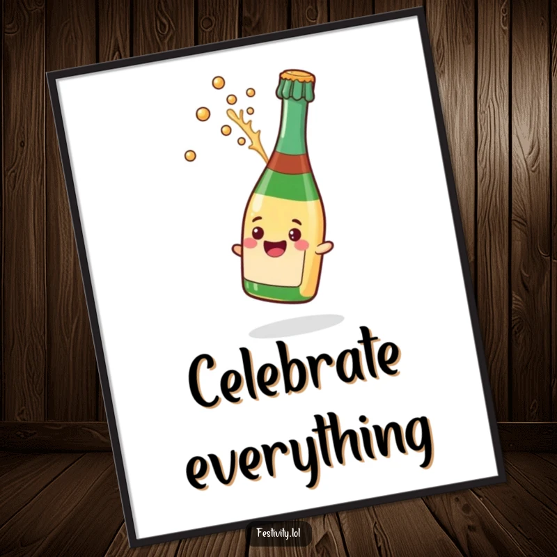 Funny poster print of a champagne bottle popping its cork with a dramatic splash, embodying a joyous celebration.