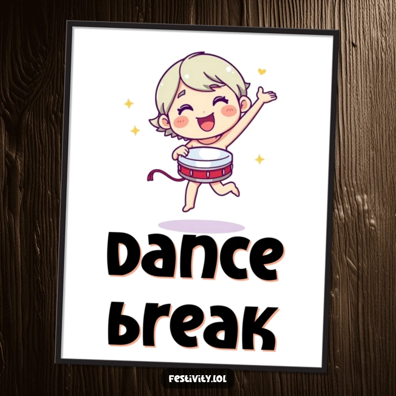 Funny merry character dancing energetically with a tambourine on a vibrant poster.