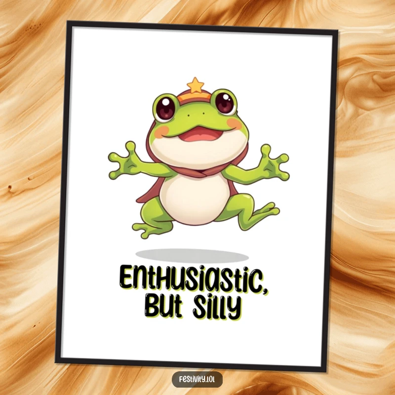 Funny Frog Poster: A silly frog wears a costume and leaps with great enthusiasm, adding humorous energy to your decor.