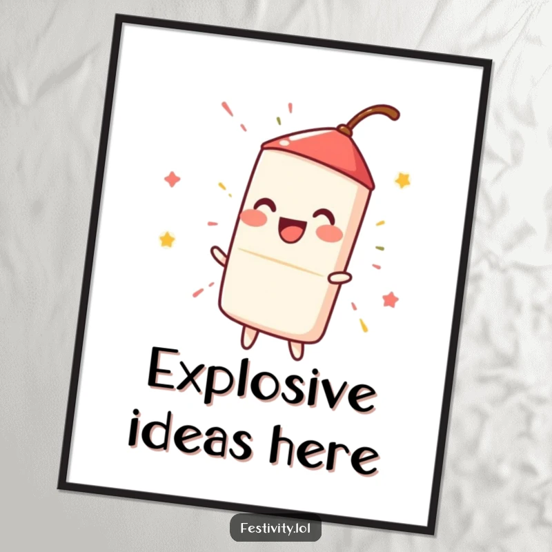 Funny happy firecracker igniting with a loud, fun spark, a humorous and dynamic poster for wall decoration.