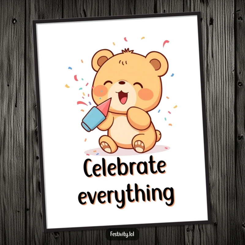Funny Poster: A delighted bear cub excitedly popping confetti from a party popper, a vibrant and humorous celebration piece.