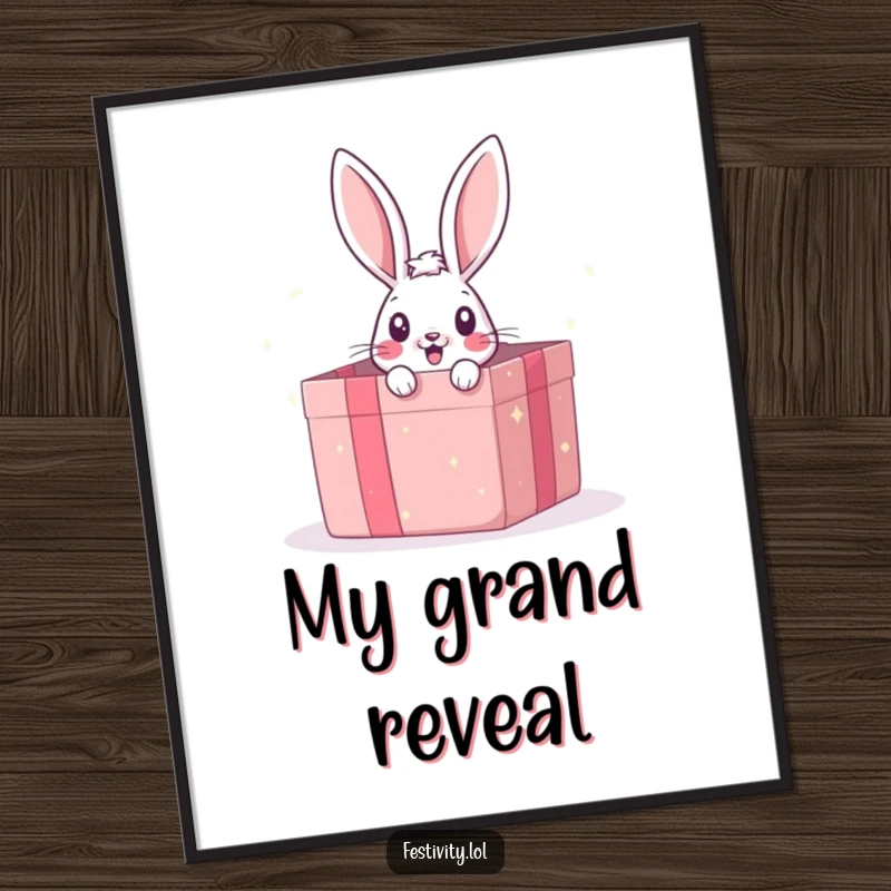 Funny poster featuring a surprised bunny peeking from a giant gift box, adding playful and humorous decor.