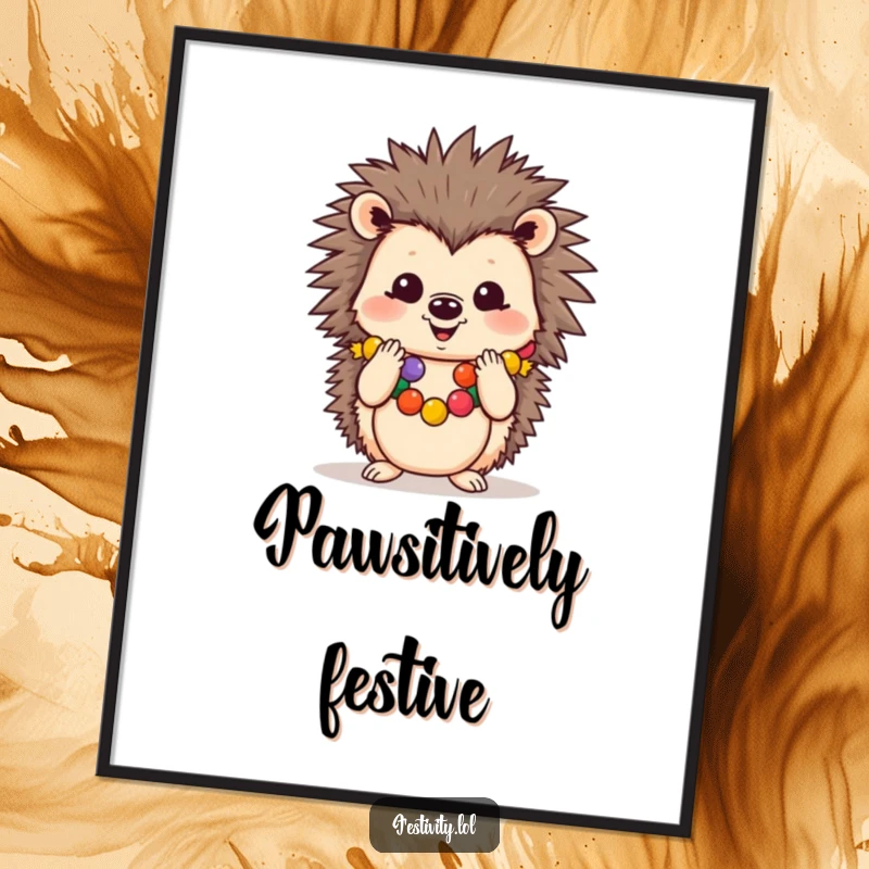 Funny poster art of a cheerful hedgehog wearing a festive garland and clapping its paws, radiating pure joy.
