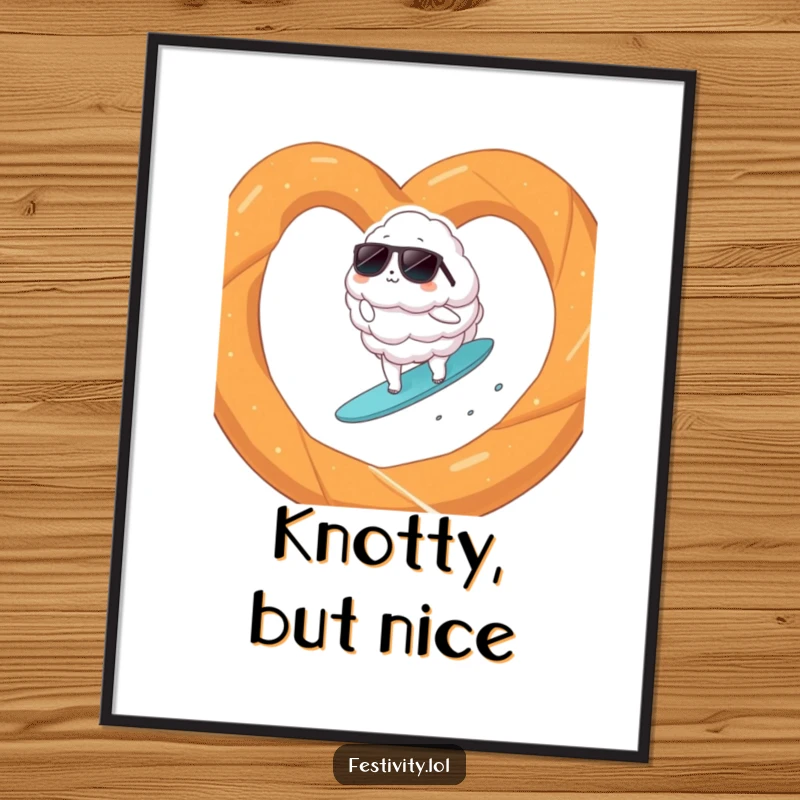 Funny fluffy cloud wearing sunglasses surfing on a giant pretzel, high-quality poster print for surreal and humorous wall art.