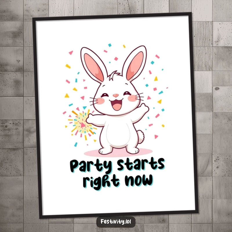 Funny poster print of a happy bunny with a huge smile, throwing a massive confetti bomb, ideal for cheerful wall decor.