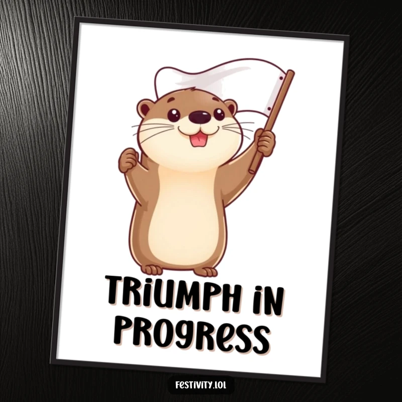 Funny poster of a determined otter smiling and holding a flag high, perfect for motivational decor.