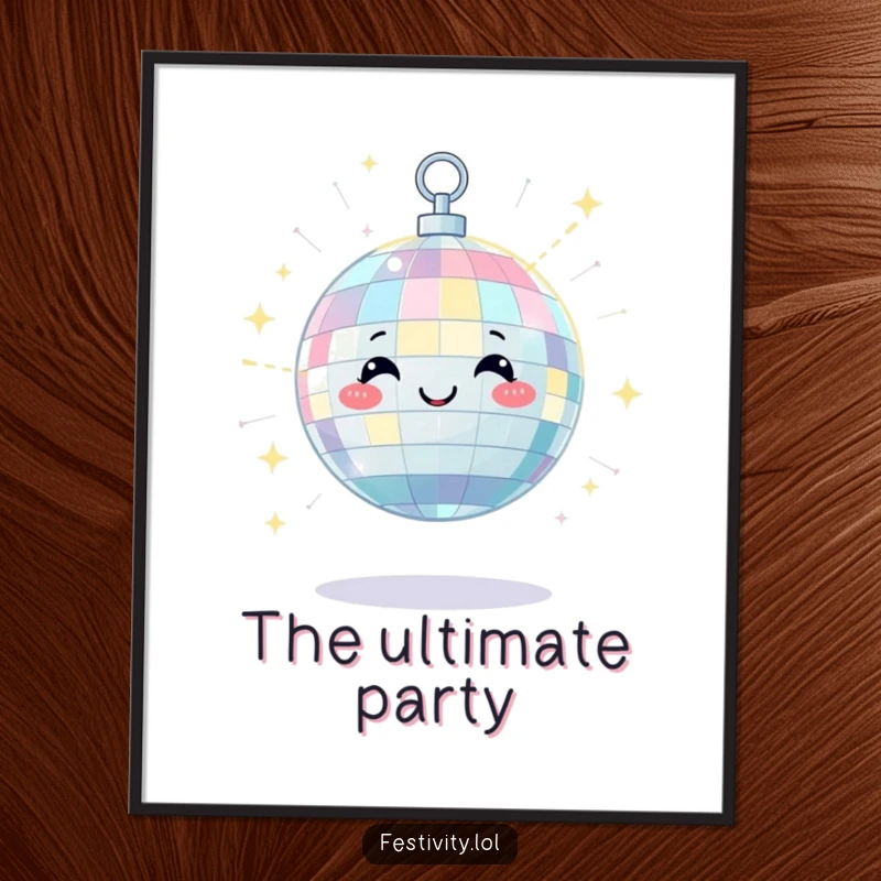 Funny poster of a satisfied disco ball character scattering beams of light with a happy twinkle, creating a dazzling atmosphere.