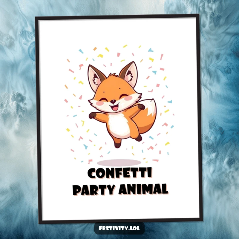 Funny poster art of a grinning fox leaping through a shower of confetti, a joyful and dynamic decoration.