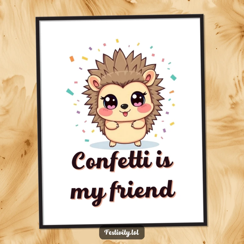 Funny hedgehog poster capturing the moment a happy hedgehog is surprised by a colorful explosion of confetti. Adds fun to any room.