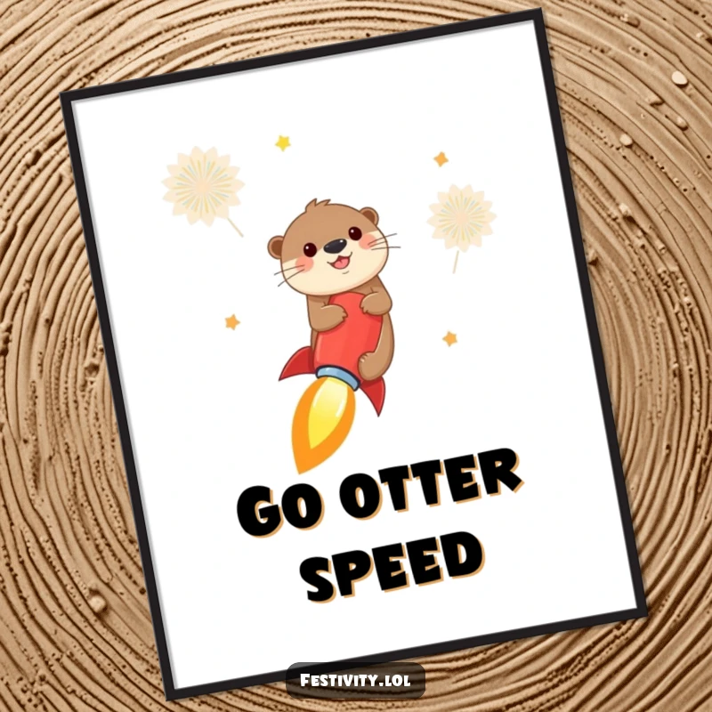 Funny otter rocket poster depicting a cheerful otter riding a firecracker like a rocket into the sky, creating a vibrant and humorous wall art.