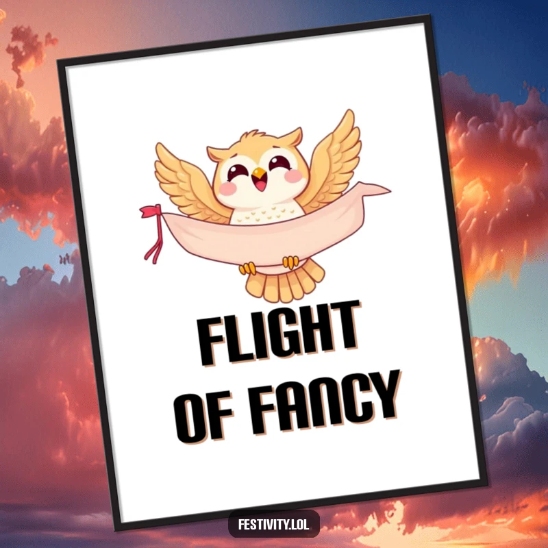 Funny owl poster depicting a joyful bird soaring with a banner, adding a touch of humor and inspiration to decor.