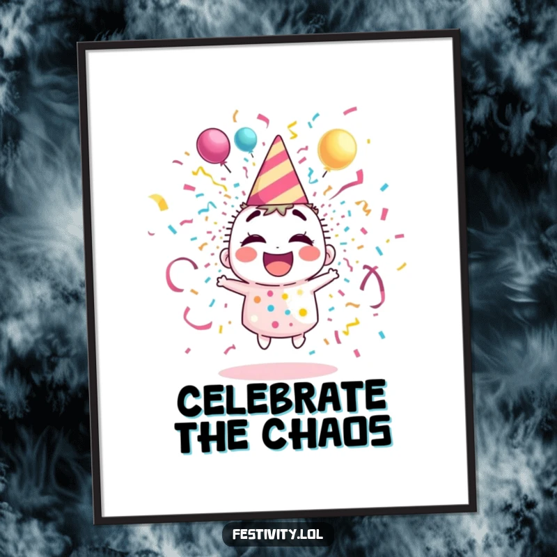Funny poster of a giggling party popper character exploding with vibrant streamers and confetti, a dynamic and joyful artwork.