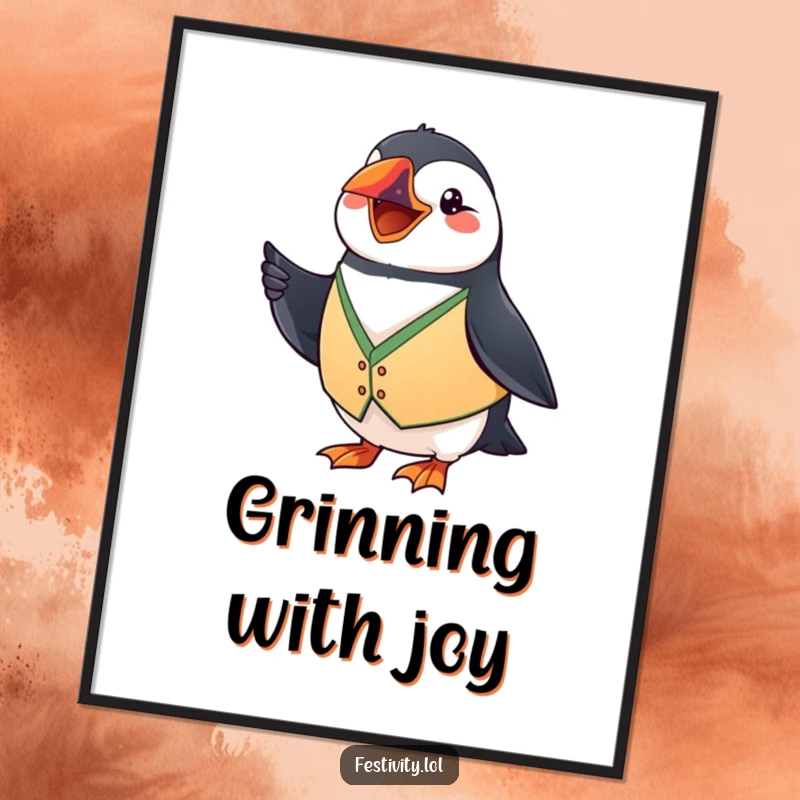 Funny Puffin Poster: A grinning puffin in a festive vest waves a tiny flag, bringing humorous celebration to your decor.