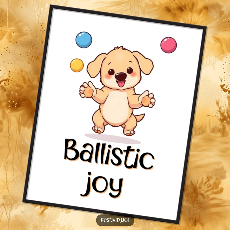 Funny poster art of a bouncing puppy juggling brightly colored balls with impressive skill and a happy expression.