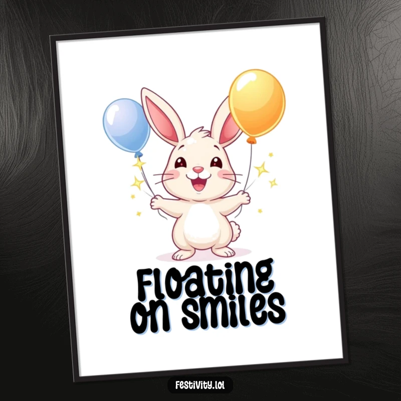 Funny poster art of a jubilant rabbit with a wide smile, juggling a cluster of sparkling balloons, embodying pure joy.