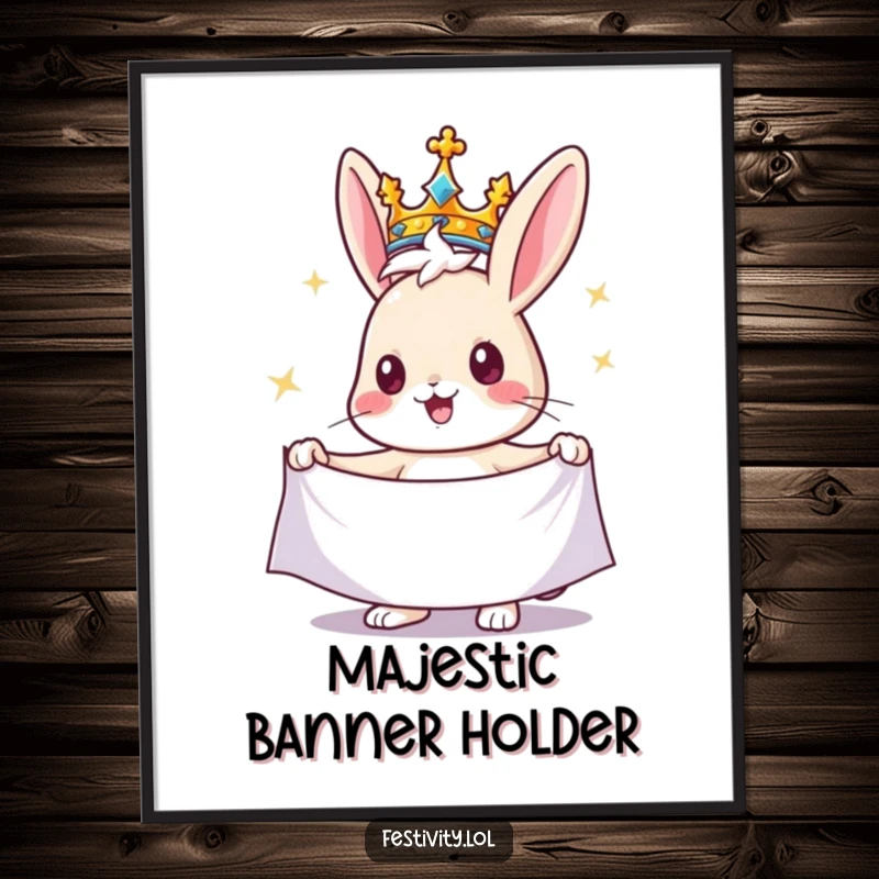 Funny rabbit poster featuring a cheerful rabbit wearing a crown and holding a sparkling banner, a joyful and humorous piece of wall art.