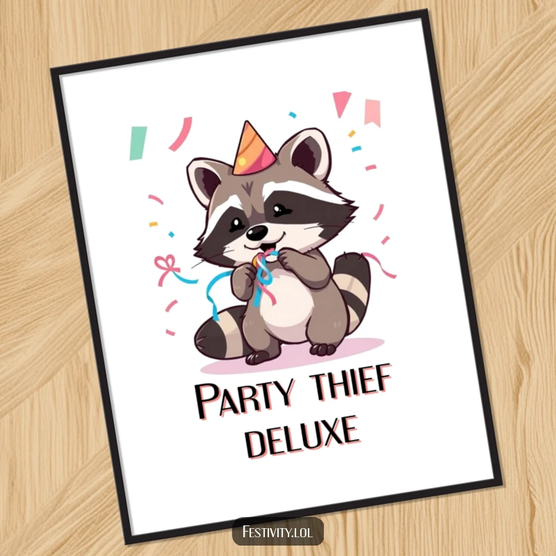 Funny poster art of a mischievous raccoon grabbing a streamer at a party, capturing a moment of playful chaos and joy.