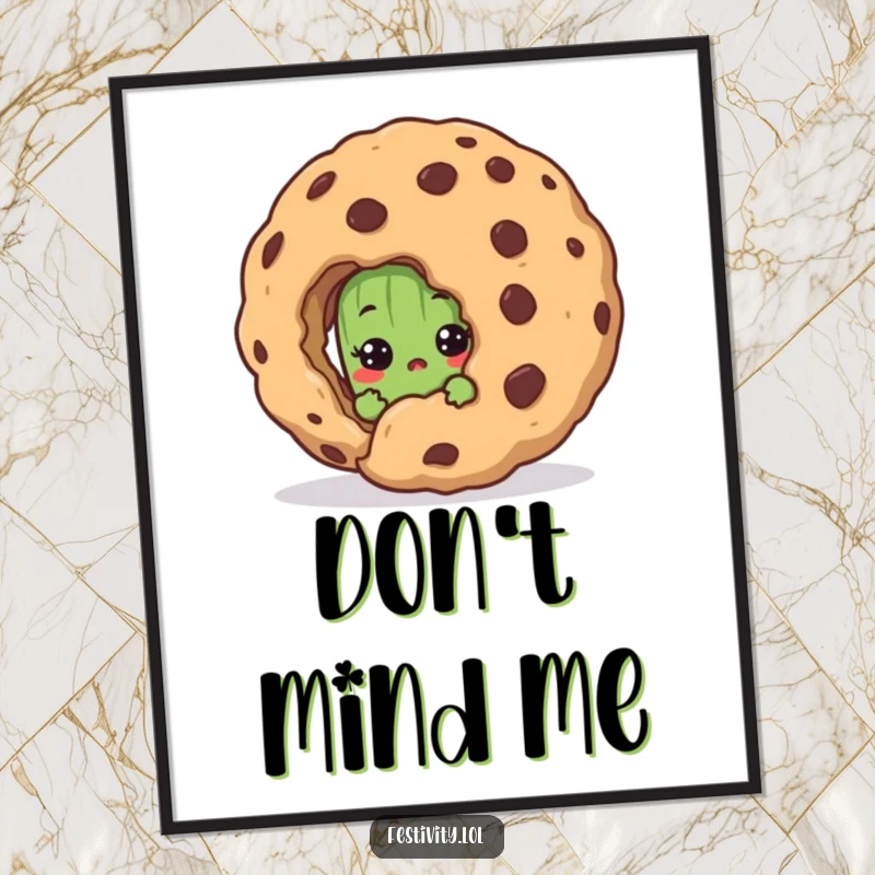 Funny poster art of a shy pickle peeking with a surprised expression behind a gigantic cookie, adding humor to any room.