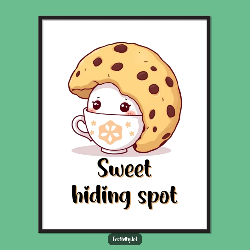 Funny Shy Teacup Poster: Hilarious Cookie Hideaway Art Print, Perfect Funny Gift Decor
