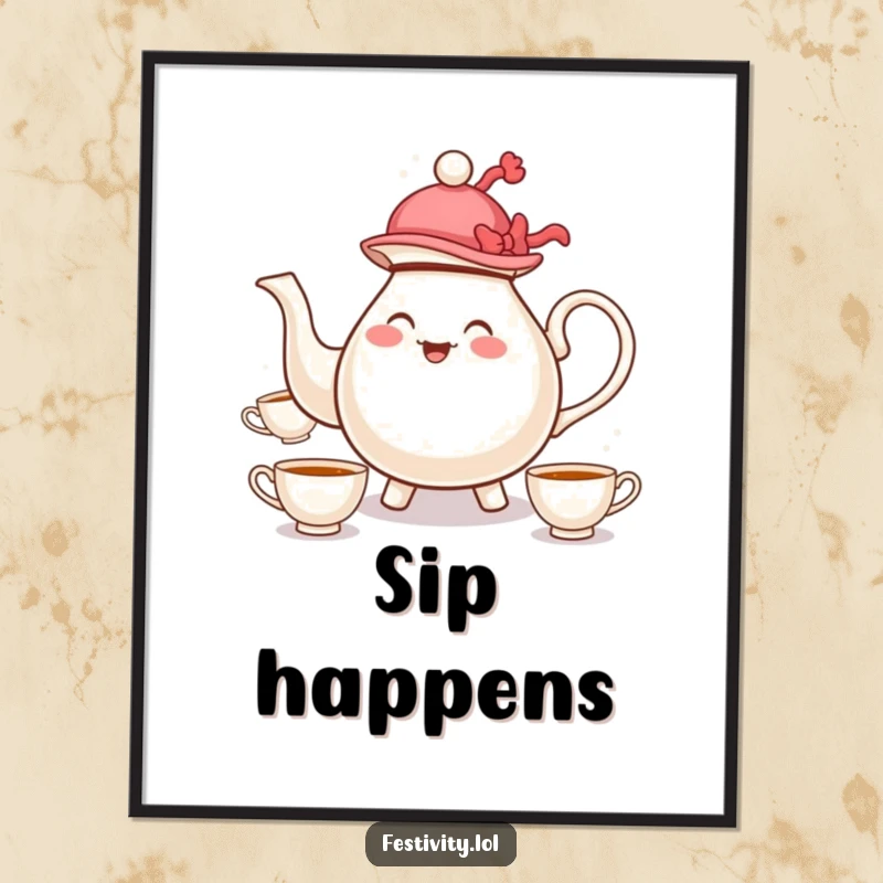 Funny poster art of a teapot in a hat merrily juggling teacups, bringing whimsical charm to any room.