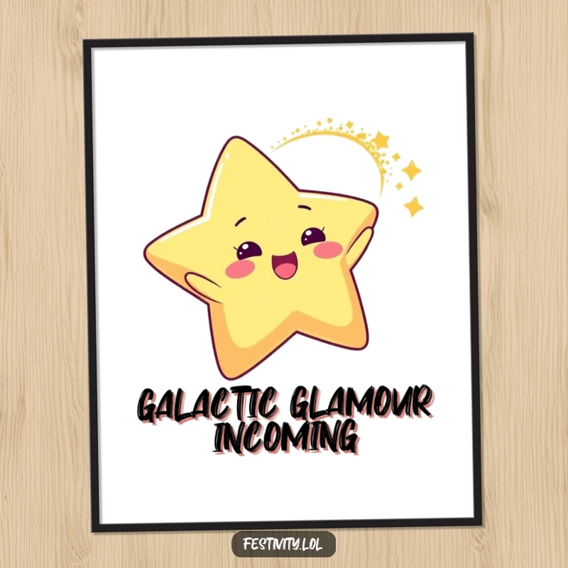 Funny Star Glitter Arc Poster displaying a delighted star character with a dynamic arc of sparkling glitter, bringing humorous celestial charm to walls.