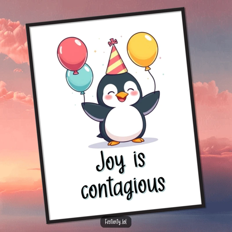 Funny Poster: A giggling penguin wearing a party hat, juggling three colorful balloons, a vibrant and humorous celebration piece.