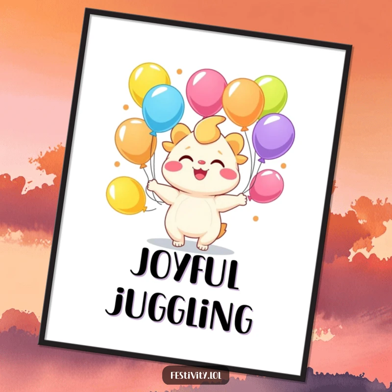 Funny joyful creature with a wide smile juggling colorful balloons on a vibrant poster.