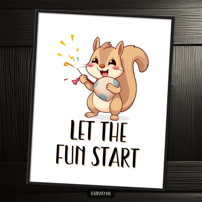 Funny Squirrel Poster: A delighted squirrel holds an oversized party popper, about to burst, adding humor to your walls.