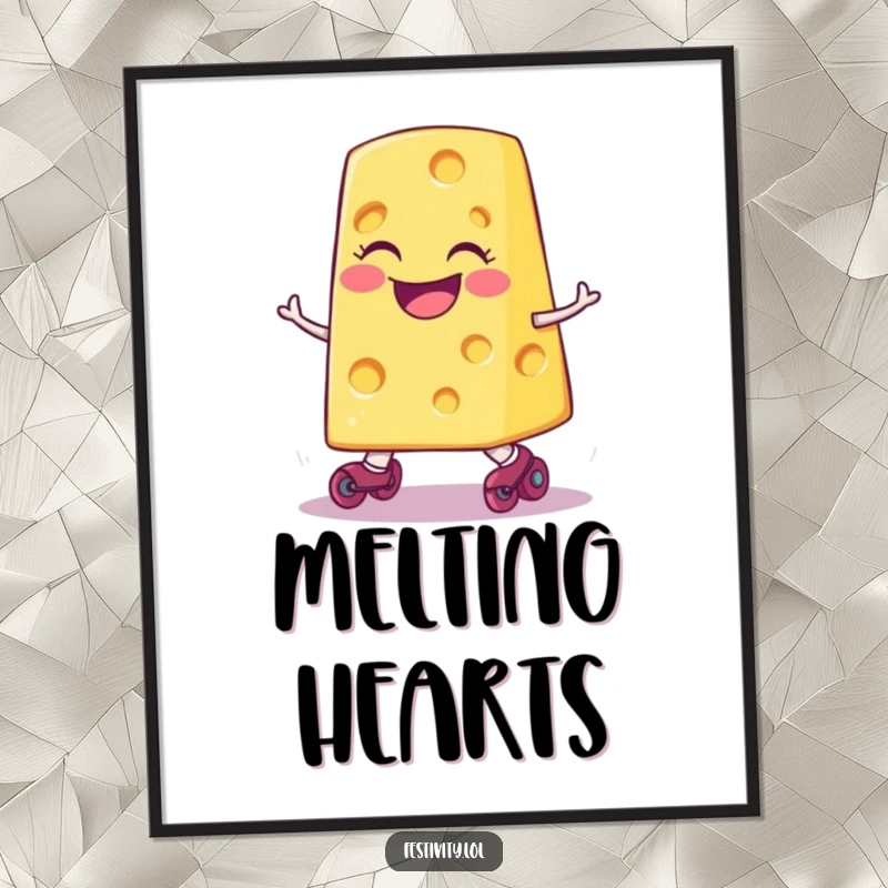 Funny smiling slice of cheese wearing tiny roller skates, comically tripping, high-quality poster print for humorous wall art.