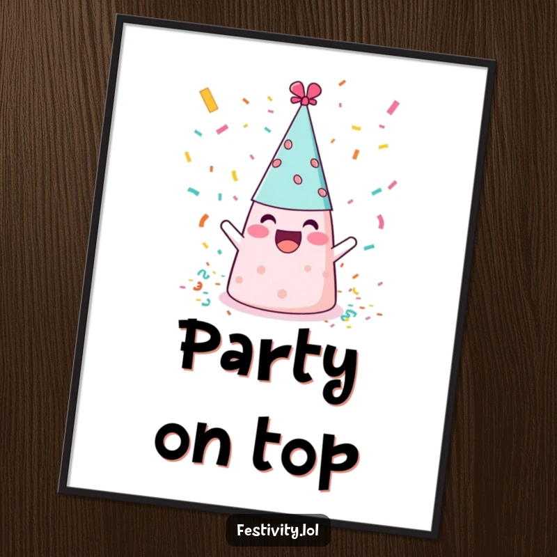 Funny party hat joyfully throwing colorful confetti, a humorous and festive poster for wall decoration.