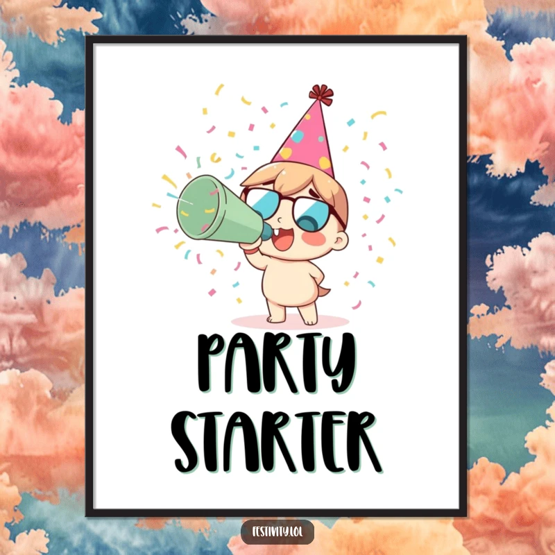 Funny delighted character in a party hat blowing a giant confetti cannon on a festive poster.