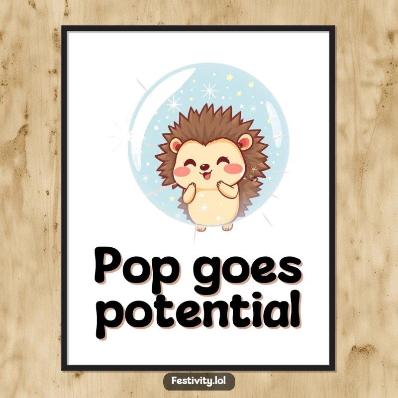 Funny poster art of a smiling hedgehog blowing a giant bubble filled with tiny fireworks, radiating joy and wonder.