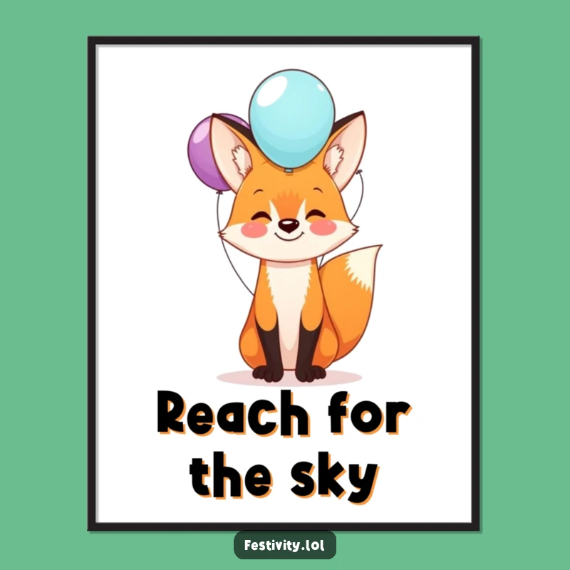 Funny Fox Balloon Poster: Happy Balance Art, Whimsical Wall Decor
