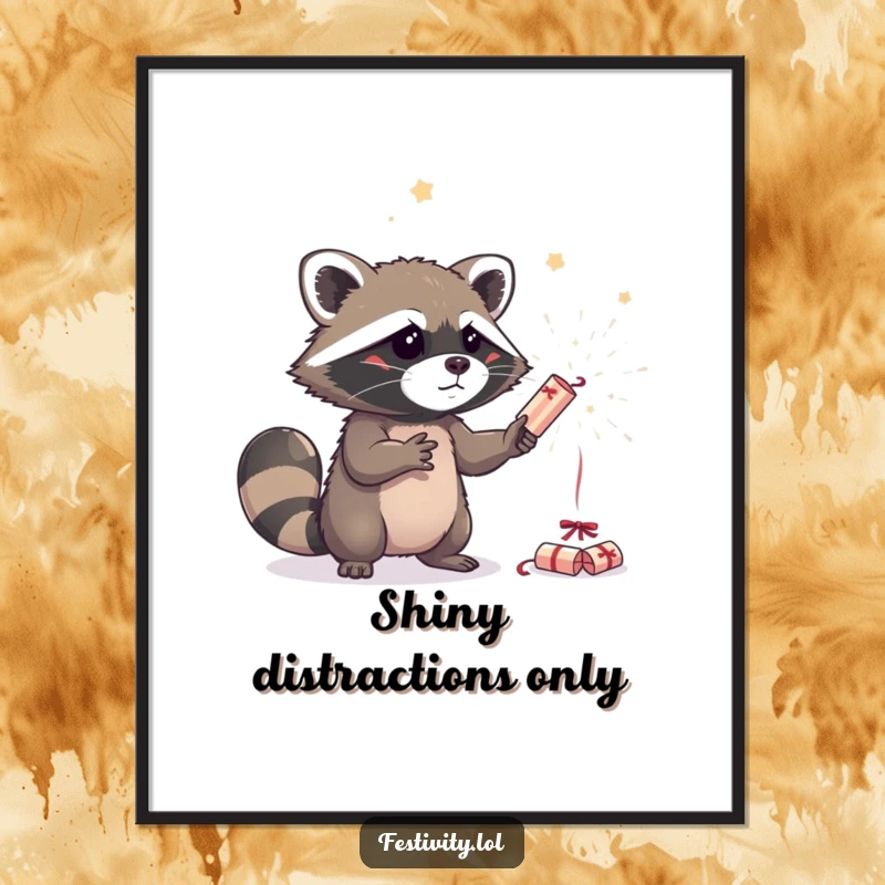Funny curious raccoon attempting to juggle sparkling party crackers, printed as a whimsical and humorous poster for wall decoration.