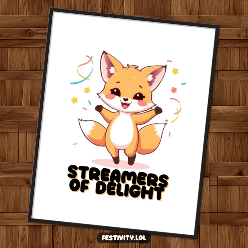 Funny art print of a happy fox cub dancing with colorful streamers, perfect for adding a festive touch.