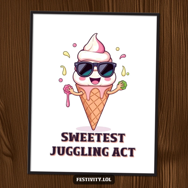 Funny Ice Cream Cone Poster: A charming artwork showing an ice cream character comically juggling melting scoops, full of cool summer fun.